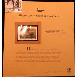 1999 Minnesota-Green-winged Teal Waterfowl $5.00 Stamp. Mint Condition with literature, unsigned.