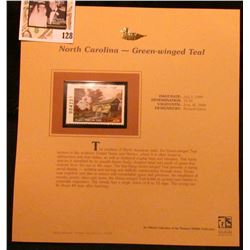 1999 North Carolina-Green-winged Teal Waterfowl $5.00 Stamp. Mint Condition with literature, unsigne
