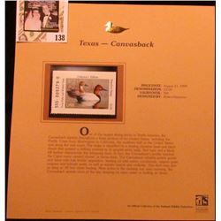 1999 Texas-Canvasback Waterfowl $3.00 Stamp. Mint Condition with literature, unsigned.