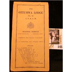 1945 "Ottumwa Lodge No. 16 A.F. & A.M. Masonic Temple Officers and Members card.