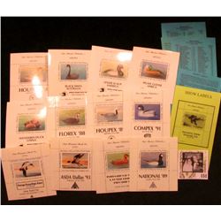 Sam Houston Philatelics Souvenir Show Labels: "HOUPEX '90" depicting a Gadwall; "National '89" depic