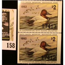 1992 Consecutively numbered perforated Pair of South Dakota Waterfowl Restoration Stamps, Mint, and 