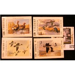 1985, 86, 87, & 88 Texas Parks and Wildlife Dept. $5 Waterfowl Stamps, all Mint and unused.
