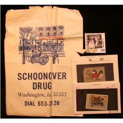 "Schoonover Drug Washington, Ia. 52353 Dial 653-2126" advertising paper sack (slight damage); RW48 F
