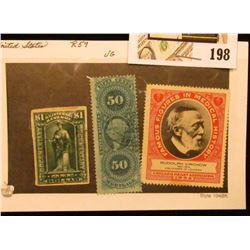1952 Chicago Heart Association Stamp featuring Rudolph Virchow & early 50c & $1 U.S. Internal Revenu