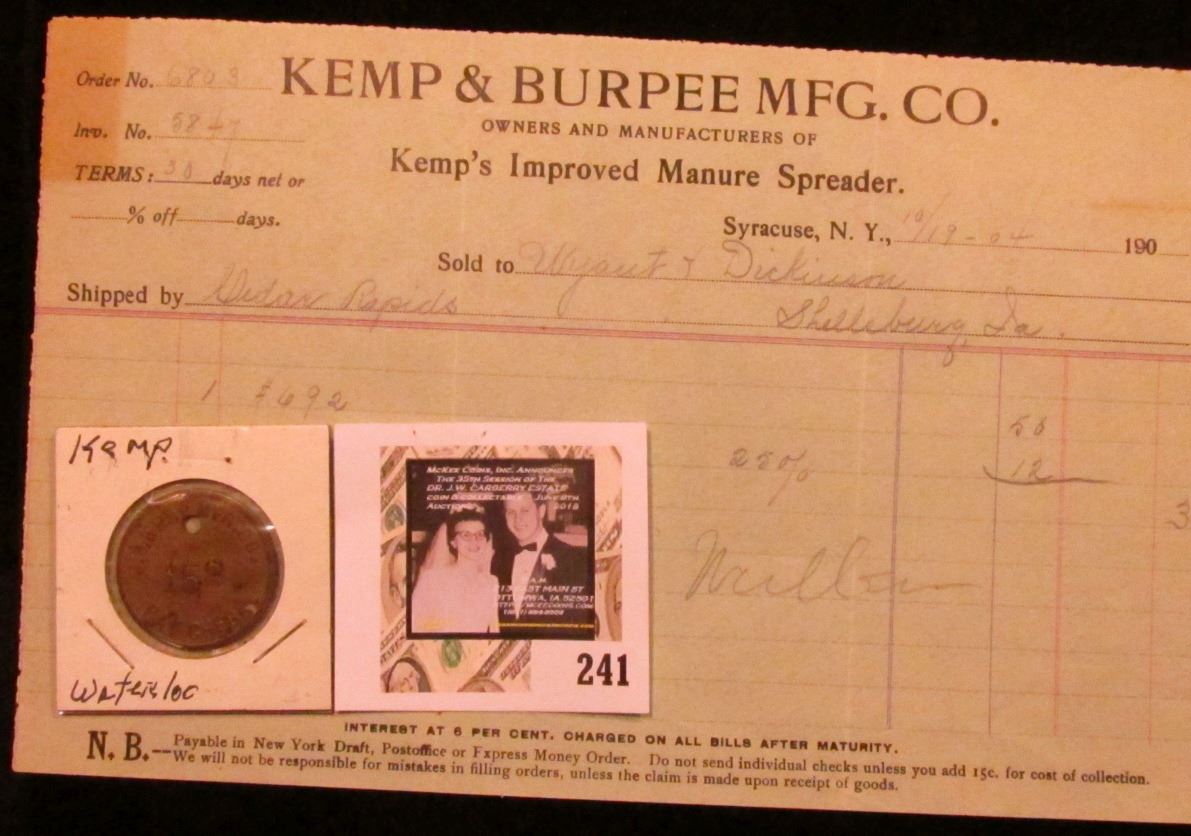 "J.S. Kemp Mfg. Co./Pay Check" with "158", uniface, brass, rd., 29mm