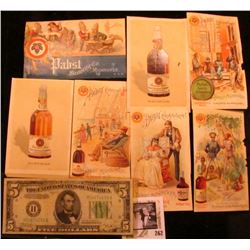 (7) different Pabst Beer advertising cards; Series 1934B Five Dollar Federal Reserve Note, plate num