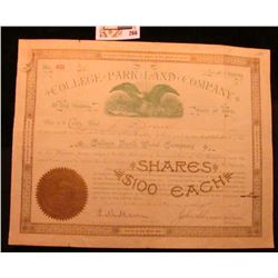 1894 Stock Certificate for Two Shares "College Park Land Company of Des Moines, State of Iowa", with