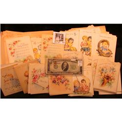 Large group of 1950 era Greeting Cards, some with envelopes, all unused; Series 1934A $10 St. Louis,