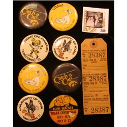 Group of Iowa Hawkeye Pinbacks; "Bushwacker Traer Centennial 1873-1973 July 17-22" Pin-back; & a "Ro