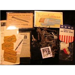 Felt Bag with several old Specialty Keys from a Key Collection; Window Shield from WW II "From U.S.A