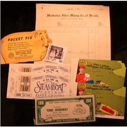 1869 Invoice "Manhattan Silver Mining Co. of Nevada"; 1972 "The Famous Tunis Speedway Waterloo, Iowa
