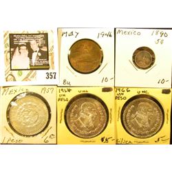 1890 Silver Five Centavos, Circ.; 1946 Twenty Centavos BU; 1957 BU, 1964 BU, & 1966 BU Mexico Silver