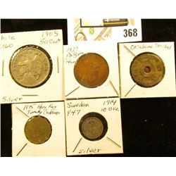 Oklahoma Tax Check Brass Medal; 1914 Sweden 10 Silver Ore, Y47; 1927 Philippines Centavo; 1975 Hong 