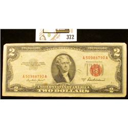 Series 1953A Two Dollar United States Note, S/N A50988790A.  Red Seal