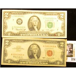 Series 1963 Two Dollar United States Note, S/N A02012930A.  Red Seal  & Series 1976 $2 Federal Reser