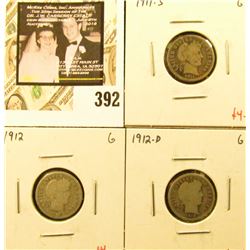 Group of (3) Barber Dimes, 1911-S, 1912, 1912-D, all G, group value $12