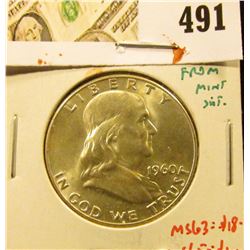 1960 Franklin Half Dollar, BU MS63+ from Mint Set, MS63 value $18, MS65 value $100, value $18 to $10