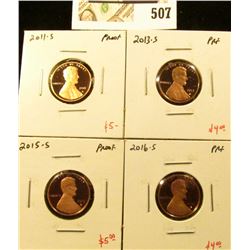 Group of (4) PROOF Lincoln Cents, 2011-S, 2013-S, 2015-S, 2016-S, group value $18