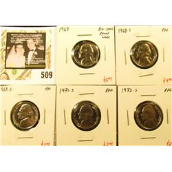 Group of (5) PROOF Jefferson Nickels, 1967 BU/SMS (proof-like), 1968-S, 1969-S, 1971-S, 1972-S, grou