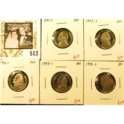 Group of (5) PROOF Jefferson Nickels, 1994-S, 1995-S, 1996-S, 1997-S, 1998-S, group value $17+