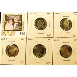 Group of (5) PROOF Jefferson Nickels, 1999-S, 2000-S, 2001-S, 2006-S, 2008-S, group value $17+