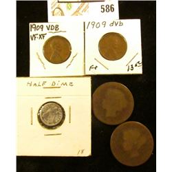 (3) Large Cent size old Coppers; 1851 Seated Liberty Half Dime; & a pair of 1909 P VDB Lincoln Cents