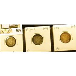 Barber Dime lot: 1900 P G scratch, 1900 S G, 1901 P Good.