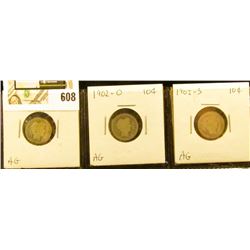 Barber Dime lot: 1901 O, 1902 O, & 1902 S all AG.