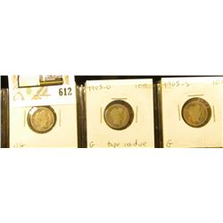 Barber Dime lot: 1905 P VG, 1905 O G tape residue, & 1905 S Good.