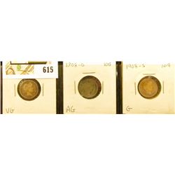 Barber Dime lot: 1908 D VG, 1908 O AG, & 1908 S G.
