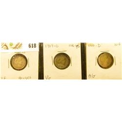 Barber Dime lot: 1909 P VG gouges, 1909 O VG, & 1910 D AG.