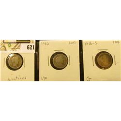 Barber Dime lot: 1914 S G scratches, 1916 P VF, & 1916 S Good.