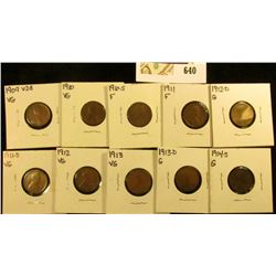 1909 P VDB, 10P, S, 11P, D, 12P, D, 13P, D, & 14S Scarce Semi-key date Lincoln Cents in cardboard ho