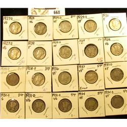 1927D, S, 28P, D, S, 29P, D, S, 30P, S, 31D, S, 34P, D, 36P, 37P, D, 39P, D, & S Mercury Dimes, all 