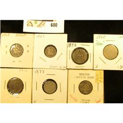 1865 U.S. Three Cent (holed); 1857 P U.S. Seated Liberty Half Dime (holed); 1869 & 72 U.S. Shield Ni