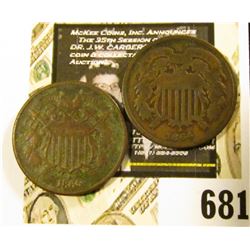 1864 & 1865 U.S. Civil War Two-Cent Pieces. G-Fine.