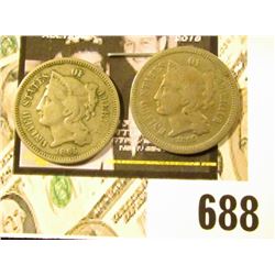 1865 & 1866 U.S. Three Cent Nickels, both VG.