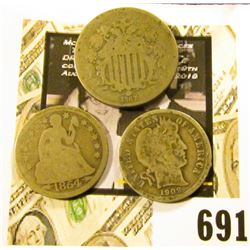 1867 U.S. Shield Nickel; 1854 Arrows at Date Liberty Seated Dime; & 1909 P Barber Dime.
