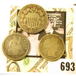 1873 U.S. Shield Nickel; 1842 Liberty Seated Dime; & 1913 P Barber Dime.