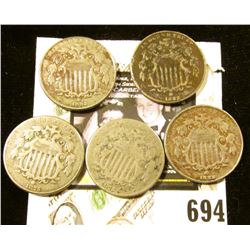 (2) 1875 & (3) 1882 U.S. Shield nickels.