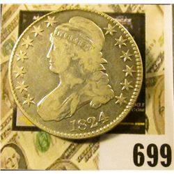 1824 Capped Bust Half Dollar, Fine.