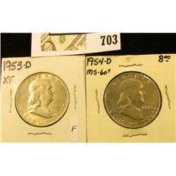 1953 D EF & 54 D Uncirculated Benjamin Franklin Half Dollars.