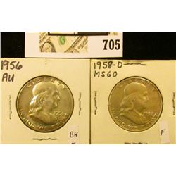 1956 P AU & 1958 D Uncirculated Benjamin Franklin Half Dollars.