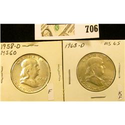 1958 D & 63 D Uncirculated Benjamin Franklin Half Dollars.