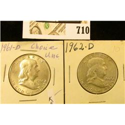 1961 D BU & 62 D AU Benjamin Franklin Half Dollars.