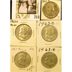 (5) 1963 D Benjamin Franklin Half Dollars. AU-BU.