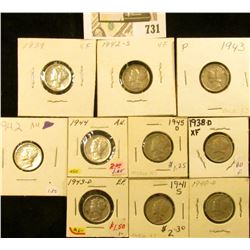 1938D, 39P, 40D, 41S, 42P, S, 43P, D, 44P, & 45D Mercury Dimes, all EF to Choice AU.