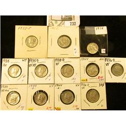 1935P, D, 36P, D, S, 37P, 38P, 39P, D, 43D, 44P, & D Mercury Dimes, all VF to Choice AU.