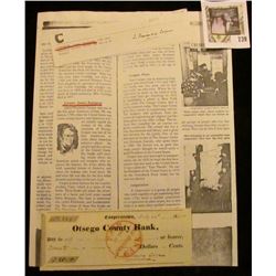 July 22nd, 1845 Coopertown "Otsego County Bank" Check drawn by James Fenimore Cooper on his account 